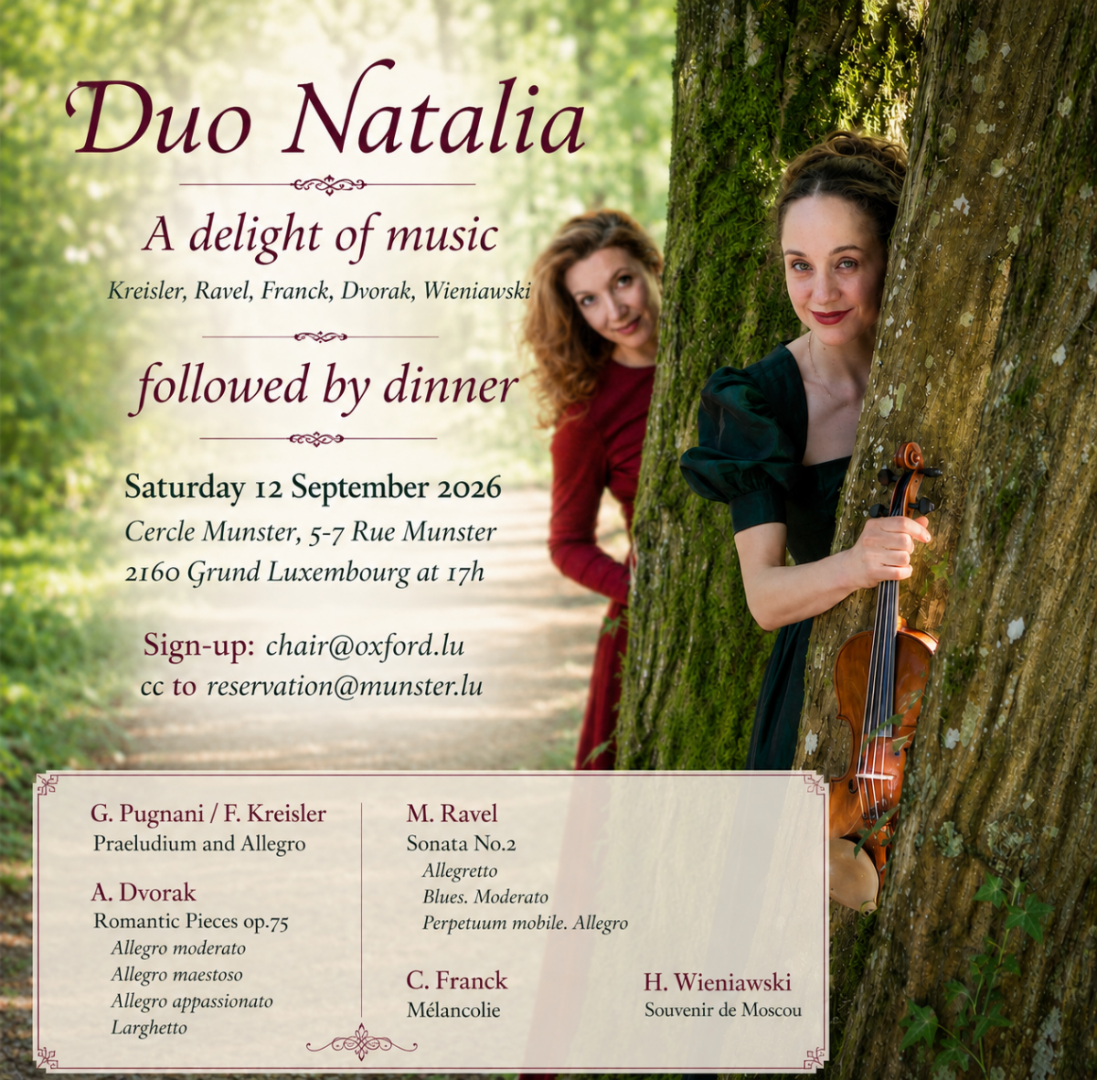 Saturday 12 Sep: The acclaimed Duo Natalia will be back and regale us at a dinner-concert at Cercle Münster